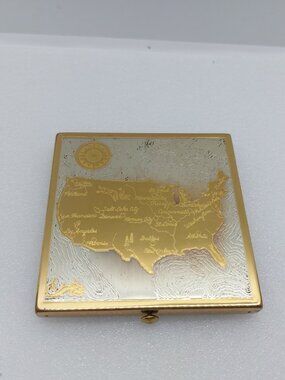 Vintage Powder Mirror Compact Metal Case Wadsworth Etched Map